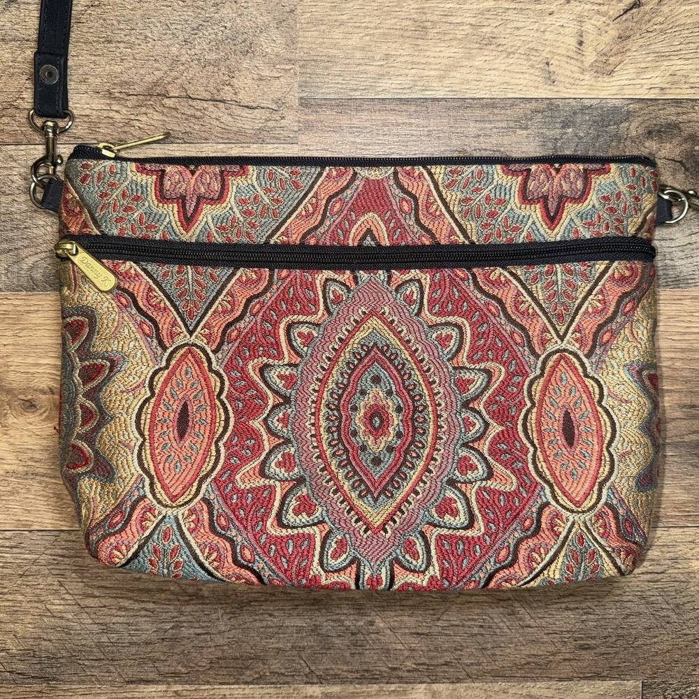 Danny K Beverly Hills Crossbody Shoulder Bag Purse 11"x8" Red Geometric Tapestry